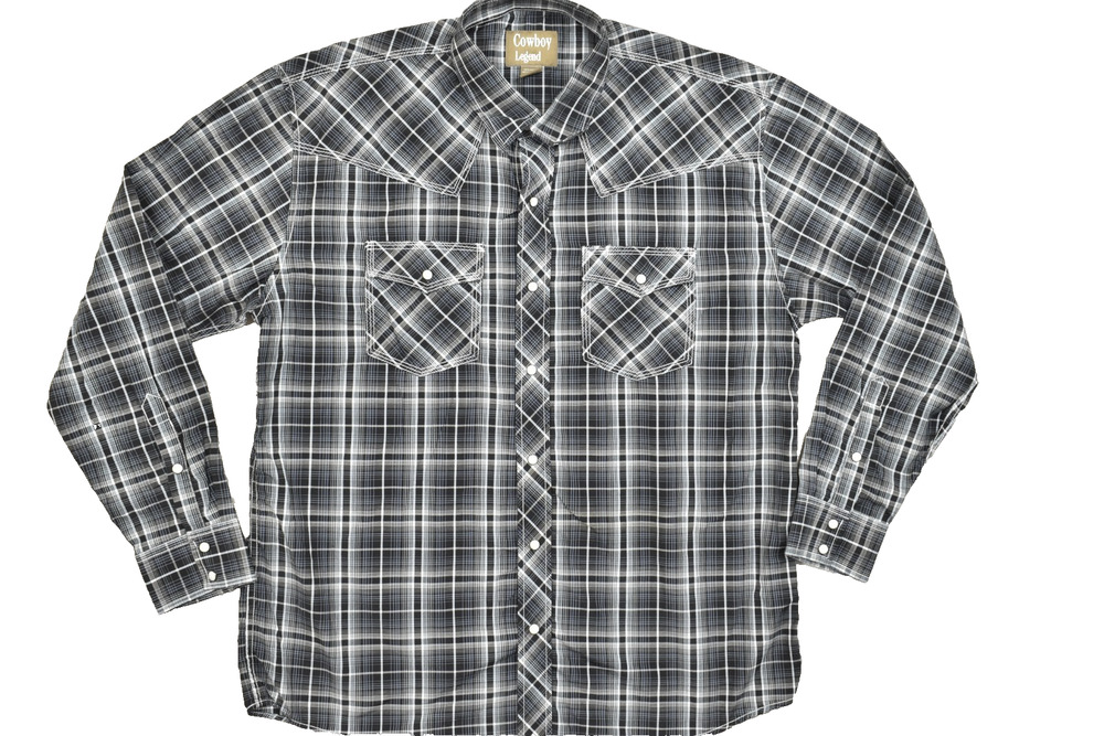 Cowboy Legend Shirt Men XXL Black Gray Plaid Pearl Snap Long Sleeve Western